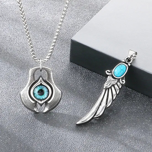 Trendy Axe Devil's Eye Pendant, Ethnic Style Retro Blue Turquoise Feather Pendant, Stainless Steel Men's Accessory