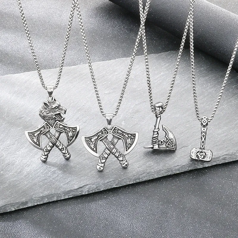 Nordic Viking Wolf Head Battle Axe Pendant Exaggerated and Powerful Retro Celtic Knot Battle Hammer Stainless Steel Men's Accessory