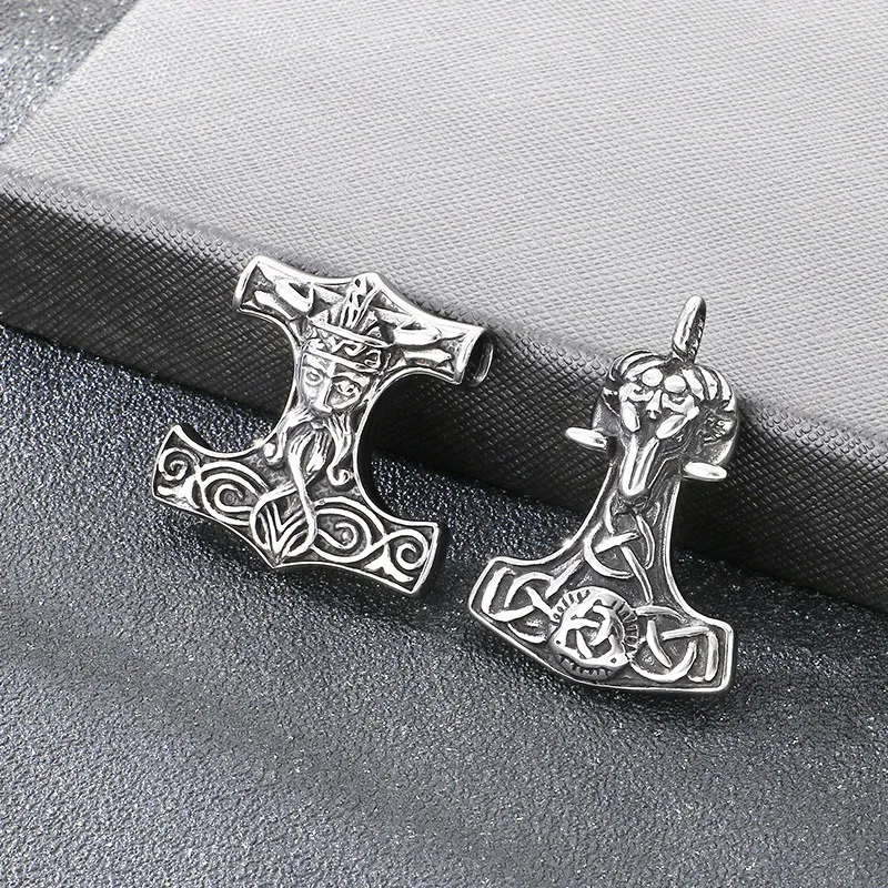 Nordic Viking Thor's Hammer Odin Pendant Retro Personality Celtic Knot Sheep Head Stainless Steel Men's Pendant