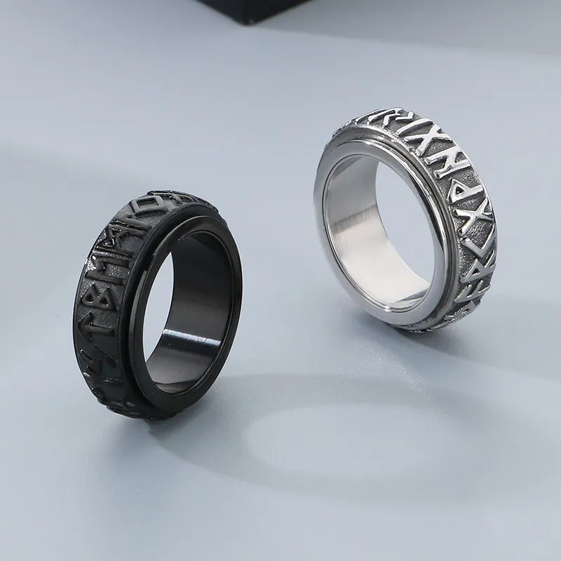 Fashion Retro Stainless Steel Creative Nordic Viking Rune Rotatable Ring Jewelry Wholesale