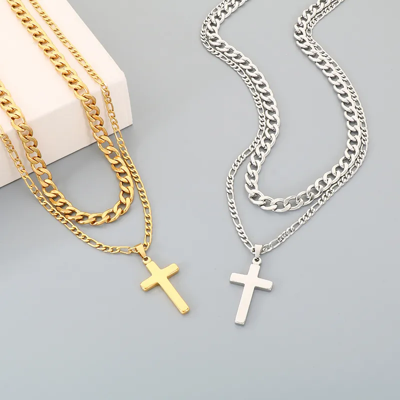 Retro, Simple, Engraved Cross Necklace, Trendy and Fashionable Nk Chain Double-Layer Stacked Stainless Steel Men's Pendant Necklace