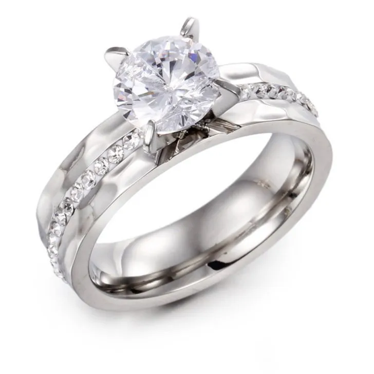 Trendy Stainless Steel Couple Rings with Single Diamond