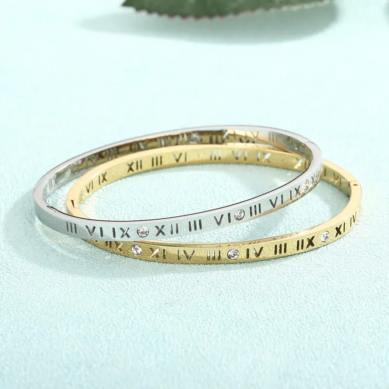 Luxurious Diamond-Encrusted Roman Numeral Stainless Steel Bracelet and Couple Rings