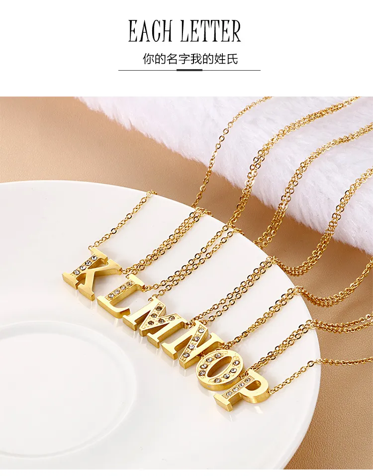 Stainless Steel 18K Gold-Plated Creative Diamond Studded 26 Uppercase English Letters Fashionable Collarbone Necklace
