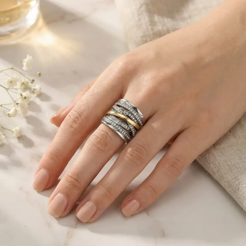 Fashion Entwined Multi-Band Shiny Zircon Ring Stainless Steel Vintage Oversized Wide Ring