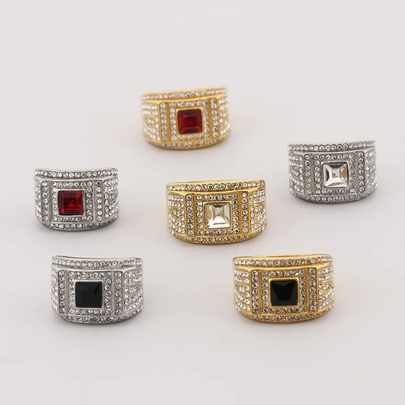 Cross-Border Fashionable Colored Gemstone Ring, European and American Hip-Hop Style, Studded with Diamonds, with a Solid Stainless Steel Texture, Men's Ring