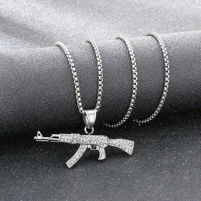 Trendy Canvas Shoes Hip Hop Nightclub Full Diamond Submachine Gun Mai Sui Wu Shi Pai Stainless Steel Men's Pendant