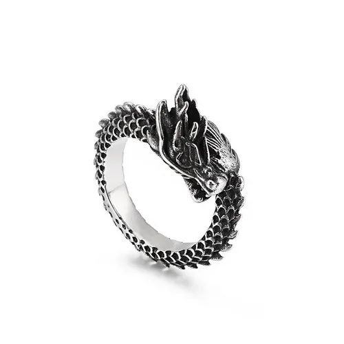 Vintage Ethnic Dragon Jewelry Wholesale: Stainless Steel Imposing Dragon Head Ring, European and American Men's Open-End Finger Ring