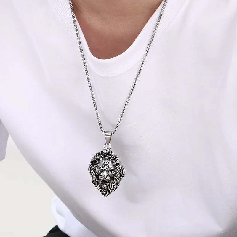 Mighty Hip Hop Zircon Jungle King Lion Head Stainless Steel Men's Pendant