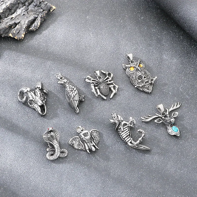 Exaggerated Animals, Elk, Cobras, Auspicious Elephants, Dinosaur Accessories, Halloween Spiders, Sheep Horns, Skeletons, Stainless Steel Men's Pendant