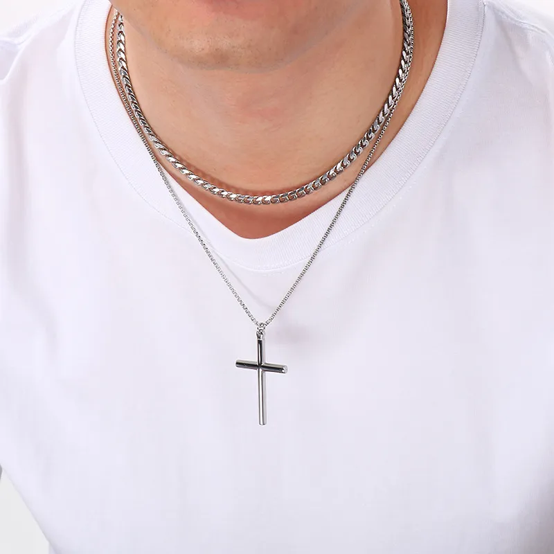 Simple Smooth Cross Pendant Necklace, European and American Six Sided Ground Square Pearl Chain, Double Layered Men's Necklace