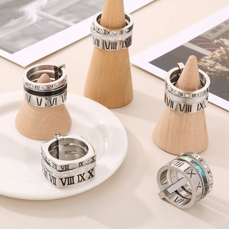Creative Trendy Unisex Stainless Steel Epoxy Resin Combined Diamond-Embedded Roman Numeral Ring