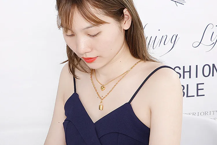 Double-Layered Jewelry Creative Padlock Heart-Shaped Stainless Steel Necklace for Women