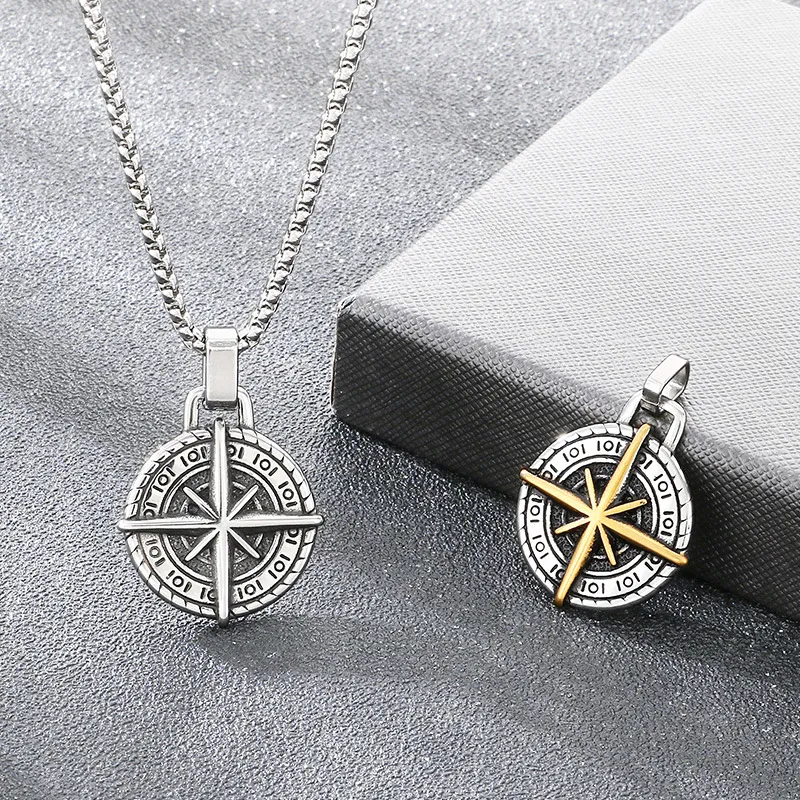 Trendy Compass Compass Circular Accessory Punk Style Retro Coin Compass Stainless Steel Men's Pendant