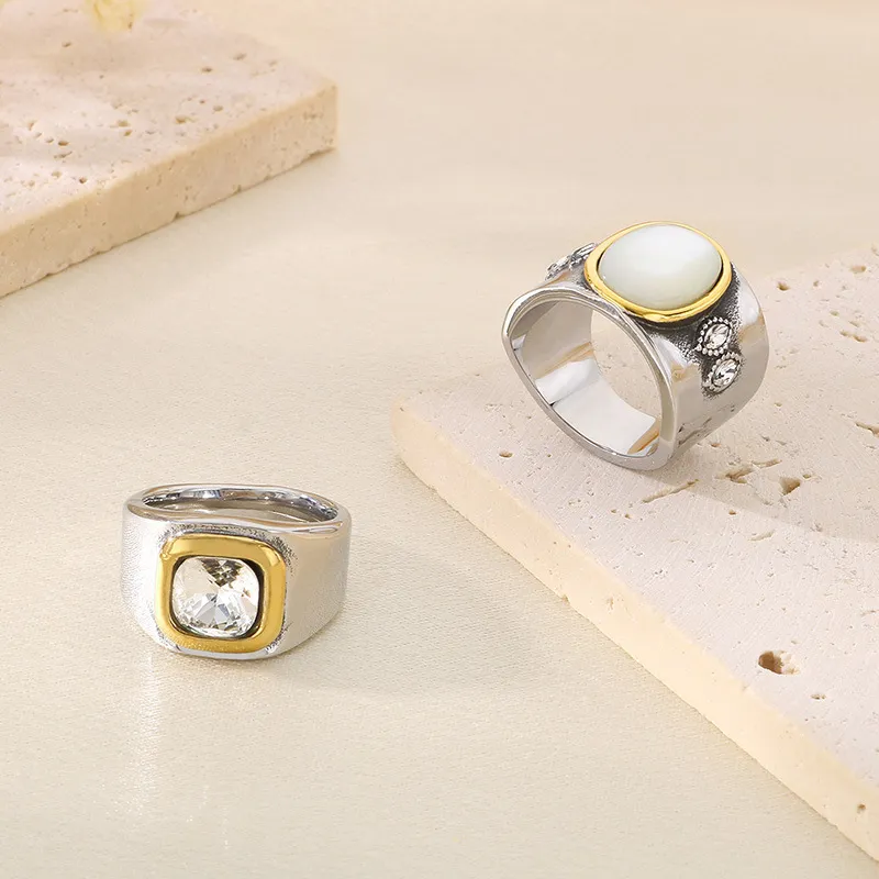 Trendy Fashion Contrast Color Ring Retro Irregular Ins Diamond-Embedded Stainless Steel Rings