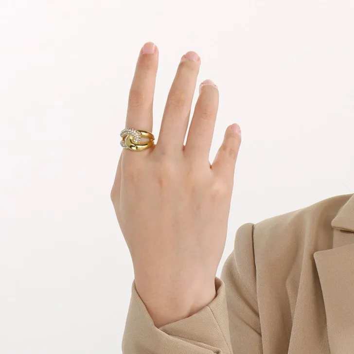 Oversized Diamond-Encrusted Stainless Steel Ring with Unique Geometric Design