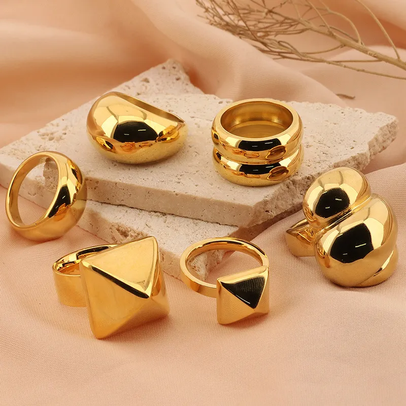 French-Style Trendy Gold Domed Geometric Stainless Steel Ring for Men and Women