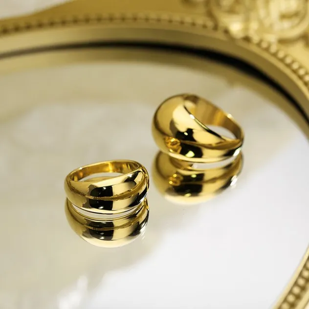 French-Style Trendy Gold Domed Geometric Stainless Steel Ring for Men and Women
