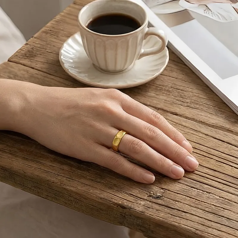 European American Fashion Grid Round Ring Textured Irregular Pattern Stainless Steel Personalized Ring Wholesale