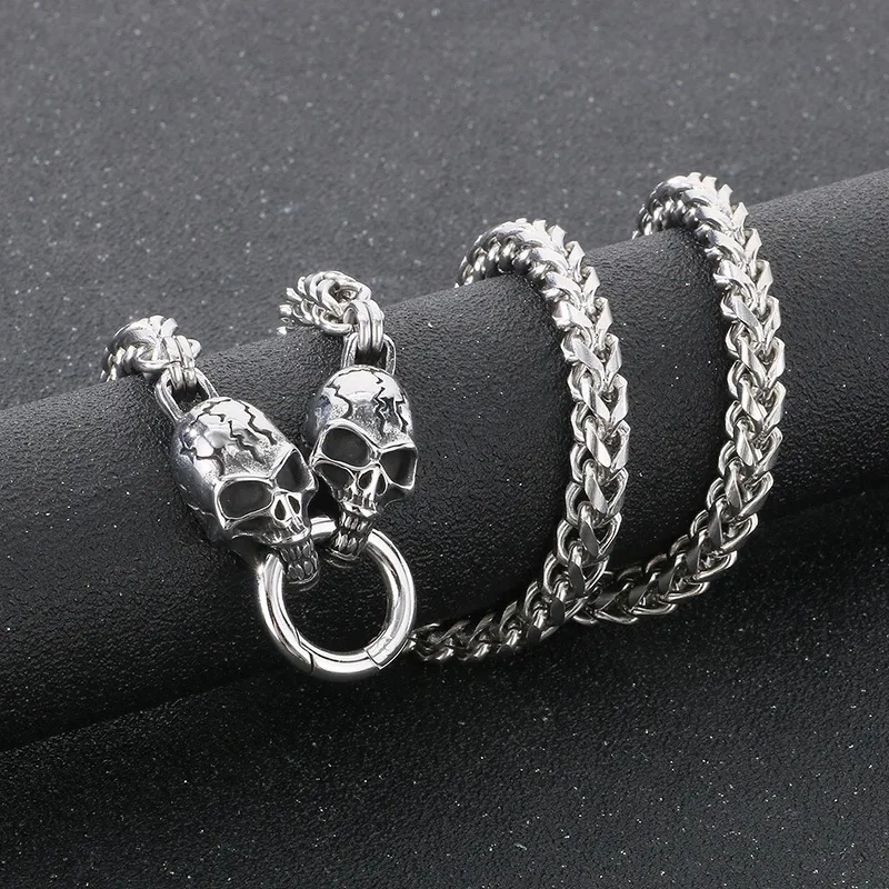 Vintage and Personalized DIY Zodiac Snake Jewelry, Punk Style, Aged Double Dragon Head Ghost Dragon Bone Chain Stainless Steel Men's Necklace