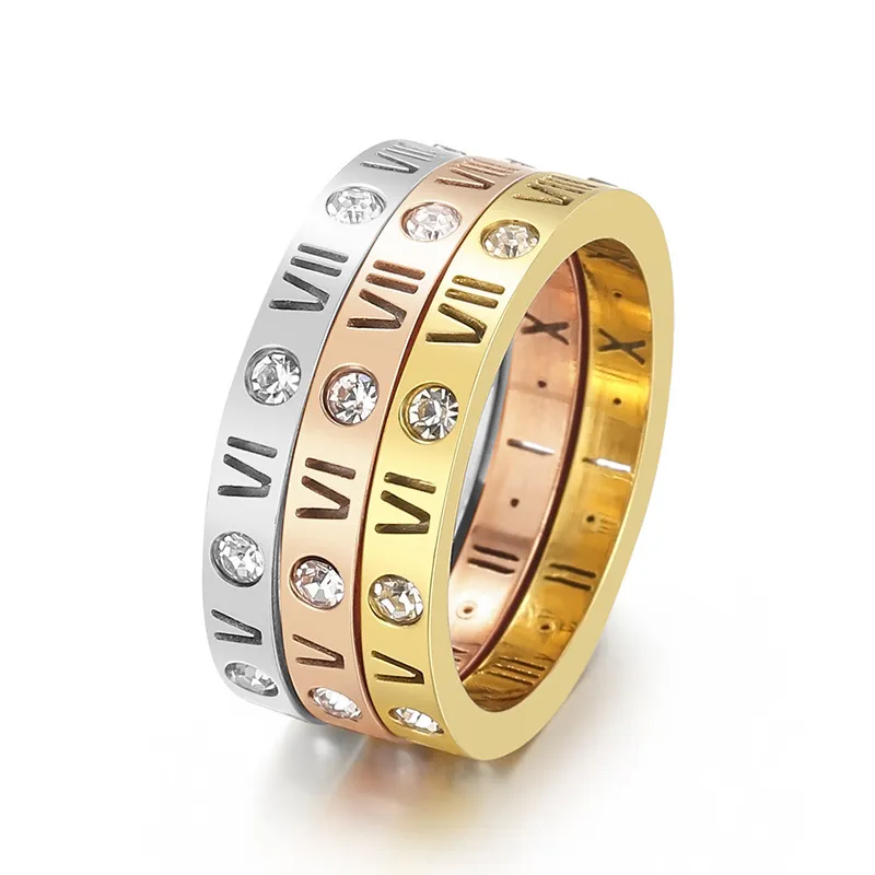 Stylish Stainless Steel Ring with Rhinestone and Roman Numeral Elements