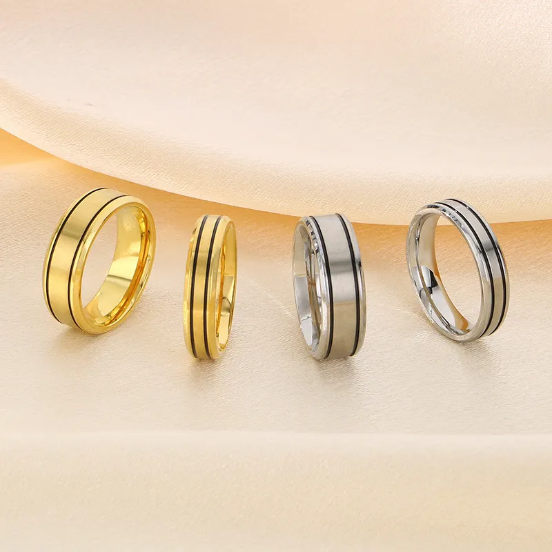 Trendy 18K Gold-Plated Frosted Stainless Steel Couple Rings for Valentine's Day Gifts