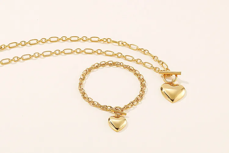 New European and American Style Ot Buckle Heart Necklace and Bracelet Stainless Steel Women's Set
