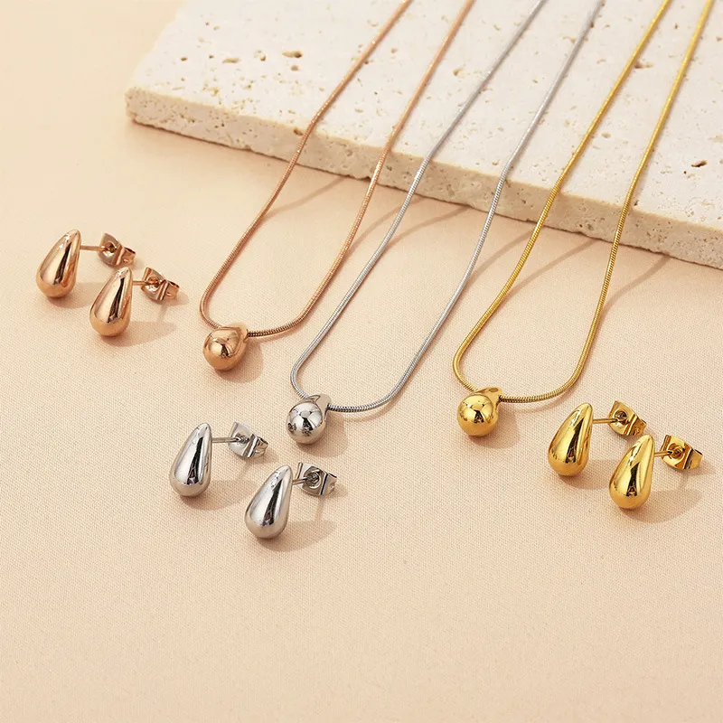 Fashion Water Drop Earrings Necklace Ins Geometric Stainless Steel Stud Jewelry Set