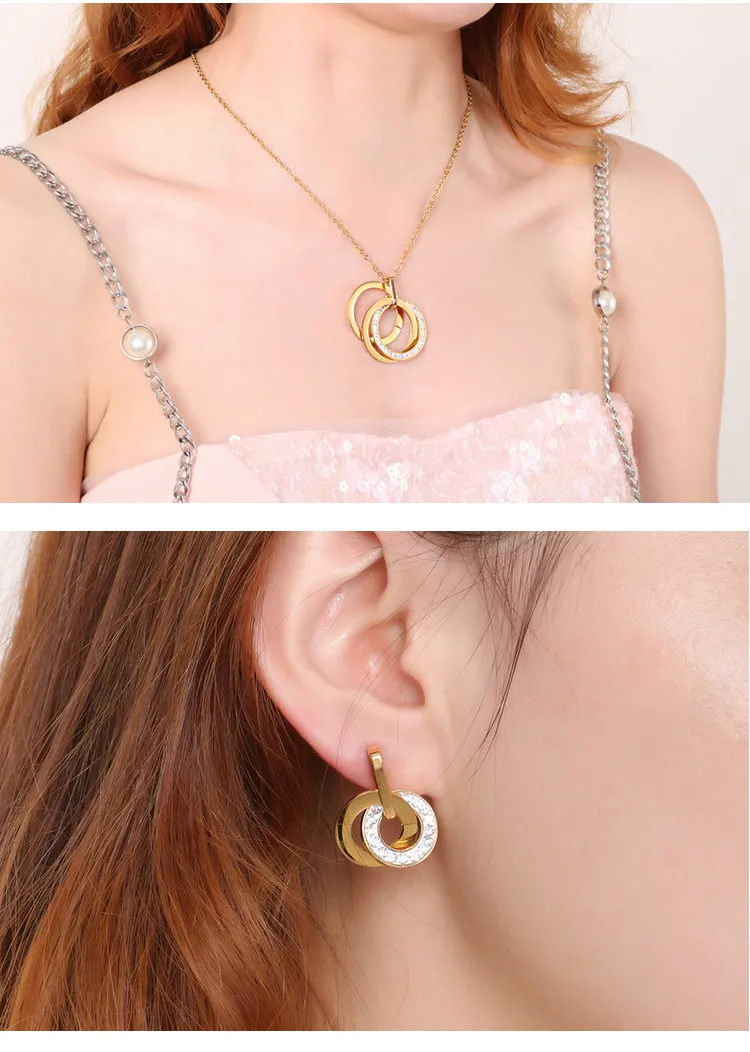 European American Stainless Steel Jewelry Double Interlocking Diamond-Embedded Women's Jewelry Set Wholesale