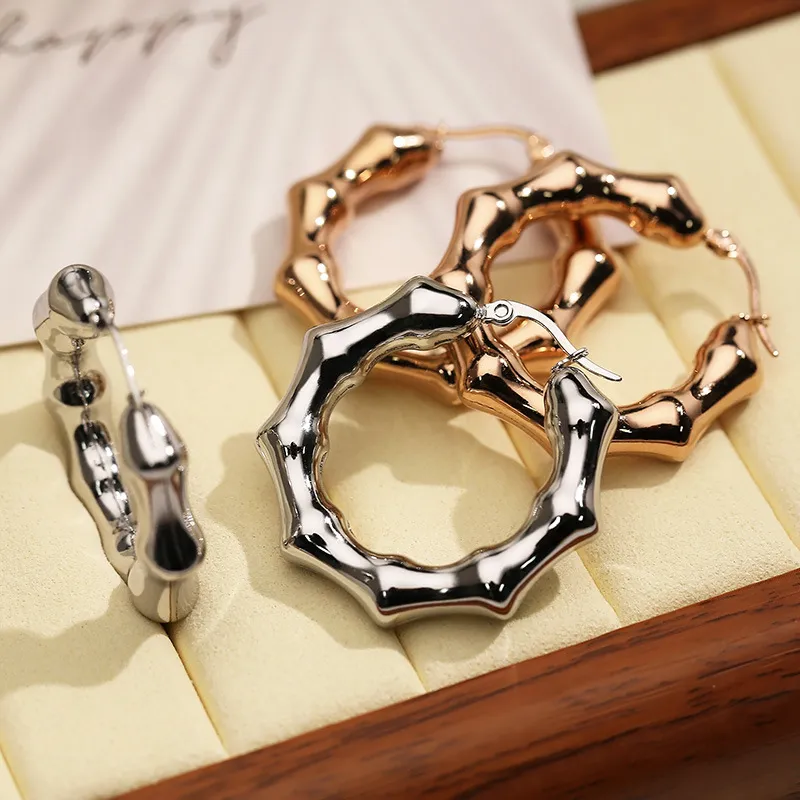 Fashion Stainless Steel U-Shaped Bamboo Hollow Earrings Personalized 18K Vacuum Gold-Plated Earrings