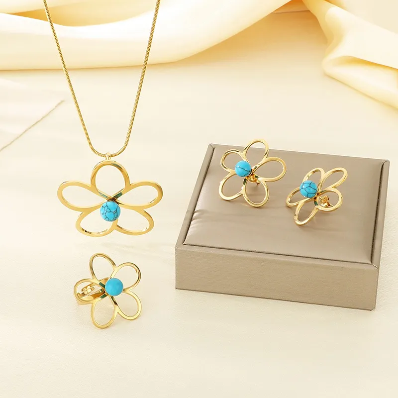Fashion 4-Piece Hollow Flower Pearl Blue Natural Stone Inlay Stainless Steel Jewelry Set
