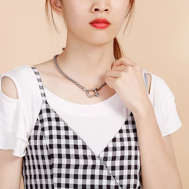 Trendy Stainless Steel Horseshoe Buckle Keel Chain Simple Men's and Women's Bracelet&Necklace Set