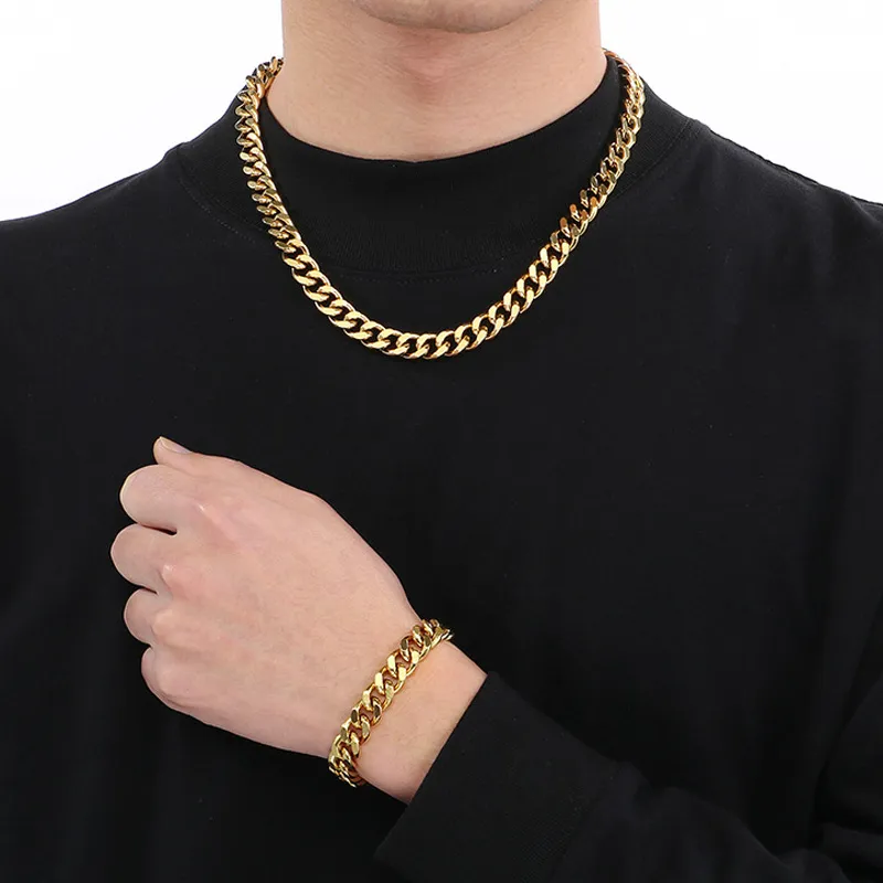 Hip Hop Style Stainless Steel Double-Sided Grinding Multi Size Cuban Chain Lobster Buckle Fashion Bracelet&Necklace Set