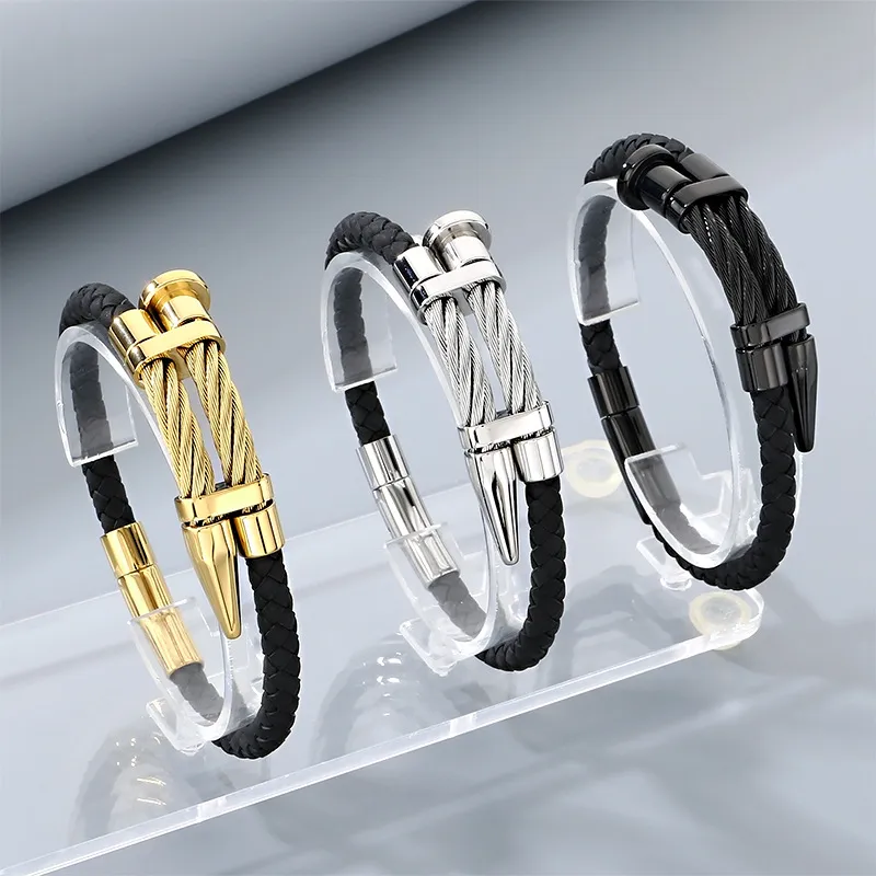 Punk Style Personalized Stainless Steel Nail Head Domineering Men's Leather Bracelet Wholesale