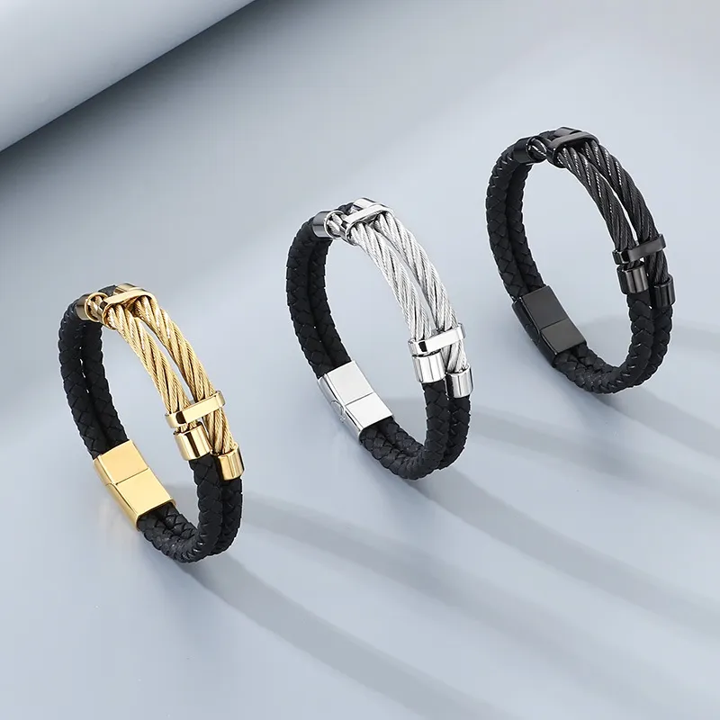 Trendy and Personalized Stainless Steel Wire Woven Double-Layer Leather Rope Bracelet Jewelry
