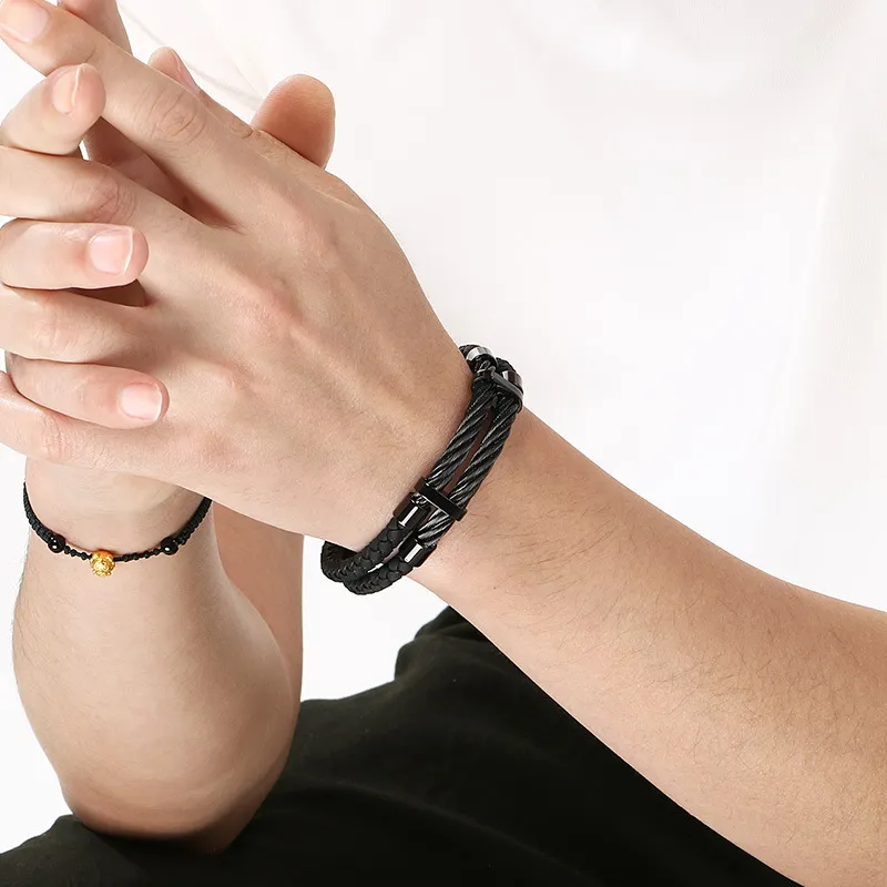 Trendy and Personalized Stainless Steel Wire Woven Double-Layer Leather Rope Bracelet Jewelry