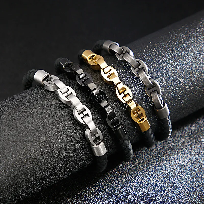 Trendy and Personalized Stainless Steel Cowhide Woven Chain Men's Leather Bracelet