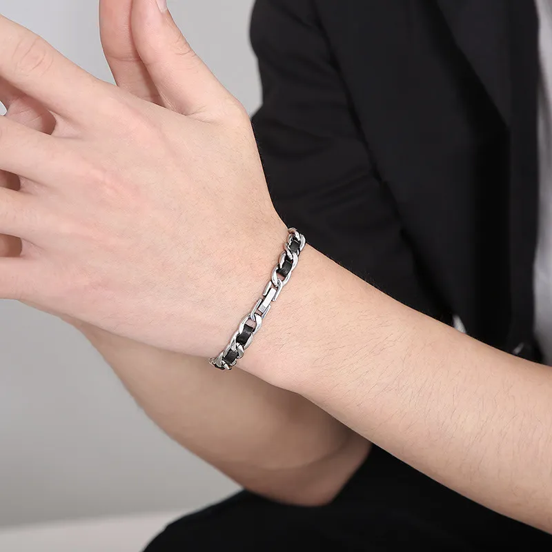 Stainless Steel Nk Chain Paired with Black Leather Bracelet Suitable for Daily Wear