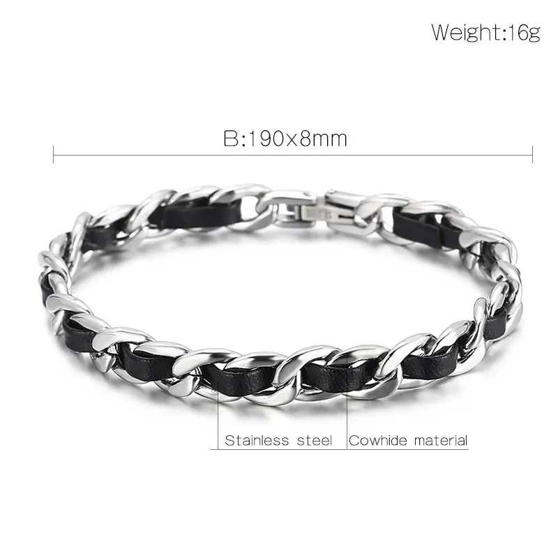 Stainless Steel Nk Chain Paired with Black Leather Bracelet Suitable for Daily Wear