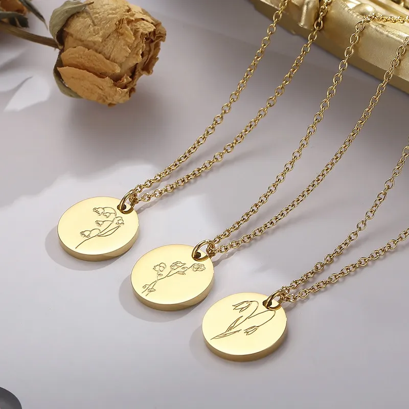 Stainless Steel Birth Flower Pendant Necklace for Mother's Day Gift