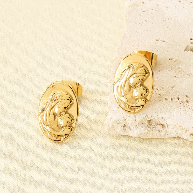 Vintage French Lady Stud Earrings 18K Gold Plated Stainless Steel Earrings for Mother's Day