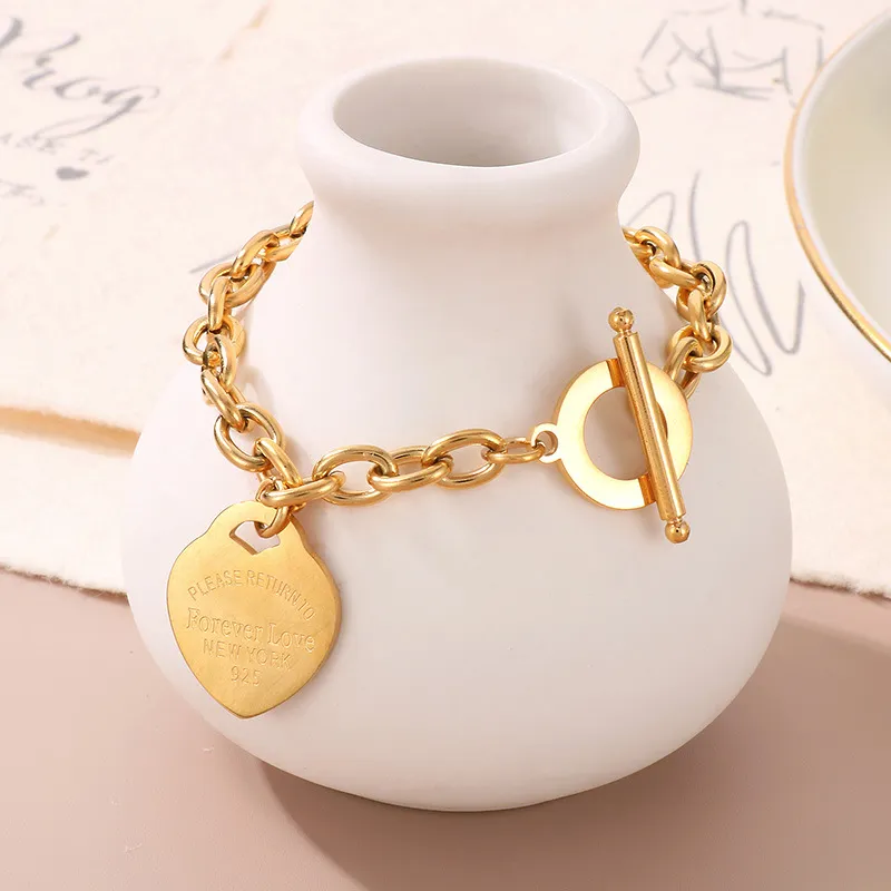 Ins Ot Clasp Heart Bracelet O-Chain Letter Peach Heart Stainless Steel Jewelry Set
