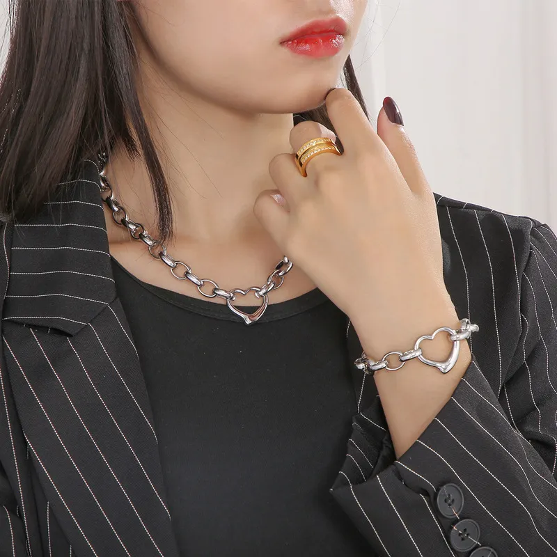 Fashion Stainless Steel Heart Pendant Earrings Bracelet Necklace Set Jewelry Accessories