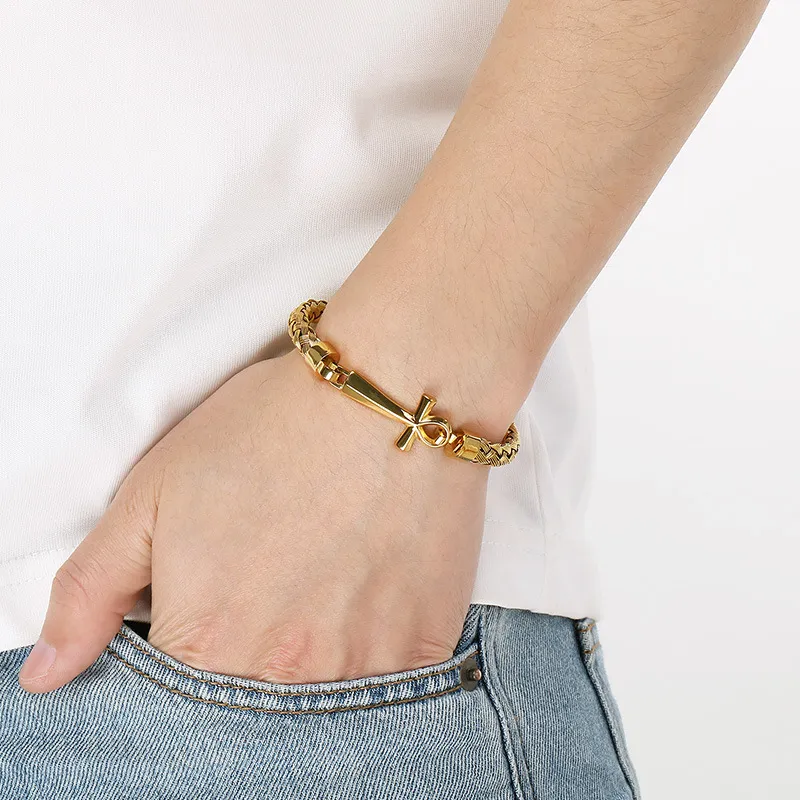 Men's Trendy Stainless Steel Cross Accessories Steel Wire Braided Bangle Jewelry Wholesale