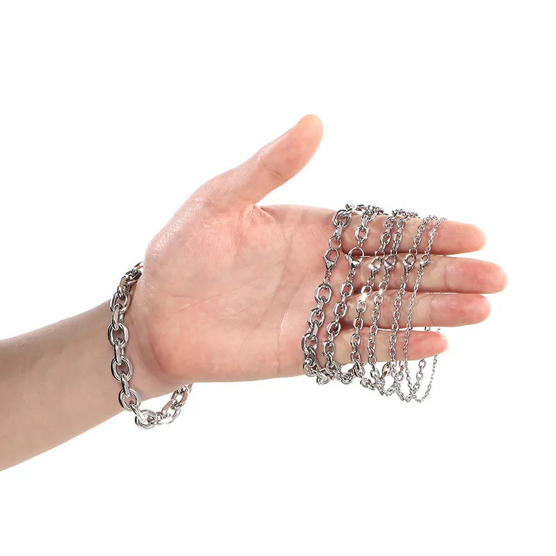 Trendy and Versatile Stainless Steel Dog-Leg Chain Bracelet, Minimalist O-Shaped Trimmed Chain Lobster Claw Clasp Necklace Set for Men and Women