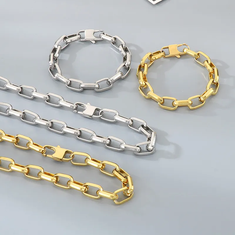 Stainless Steel Fashion Simple Square Chain Trapezoidal Square Buckle Bracelet&Necklace Set
