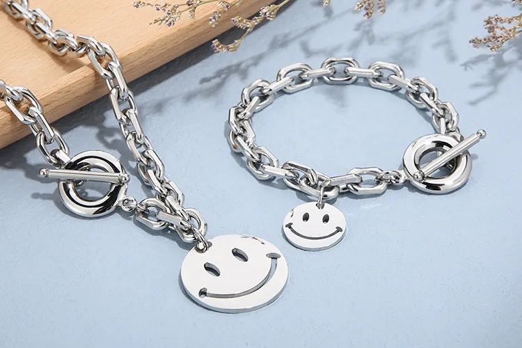 Stainless Steel Exaggerated Personality Creative Smiling Face Ot Buckle Bracelet Necklace Set for Women's Jewelry