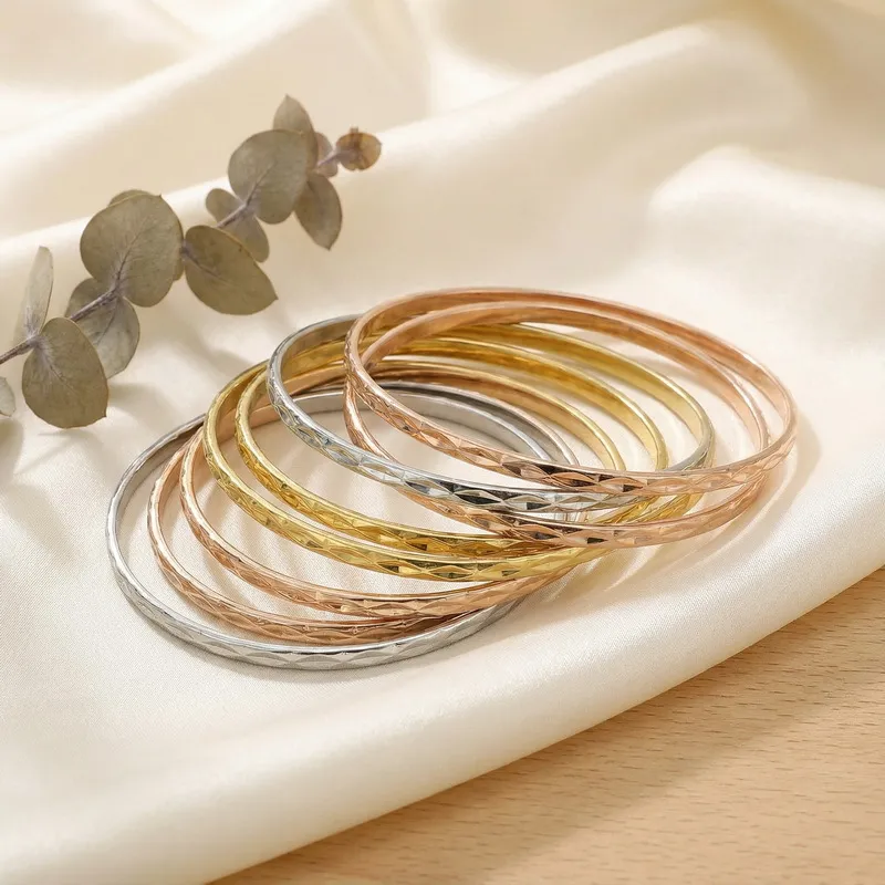 Stainless Steel 304 Patterned Diamond Bangles with Multiple Layers of Plain Circles for Women
