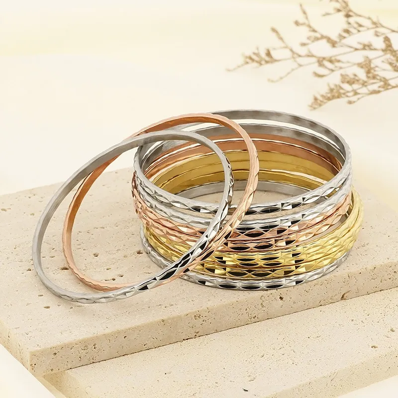 Stainless Steel 304 Patterned Diamond Bangles with Multiple Layers of Plain Circles for Women