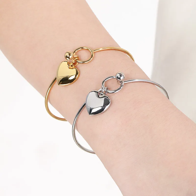 Heart Shaped Bangles Women's Engraved Love Pendant Buckle Bracelet
